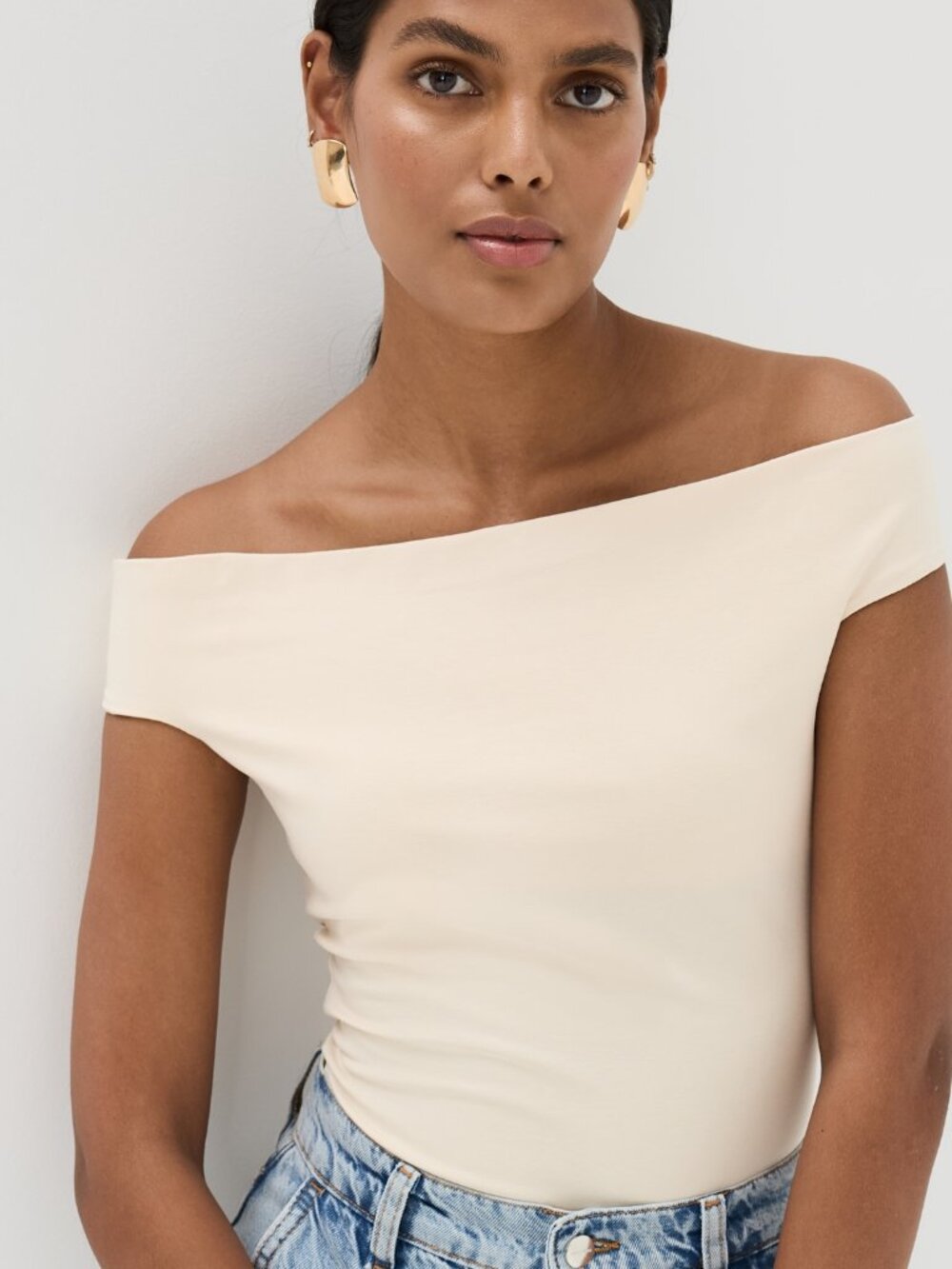 Reformation Branson off the shoulder Knit Lined Jersey Cream Top